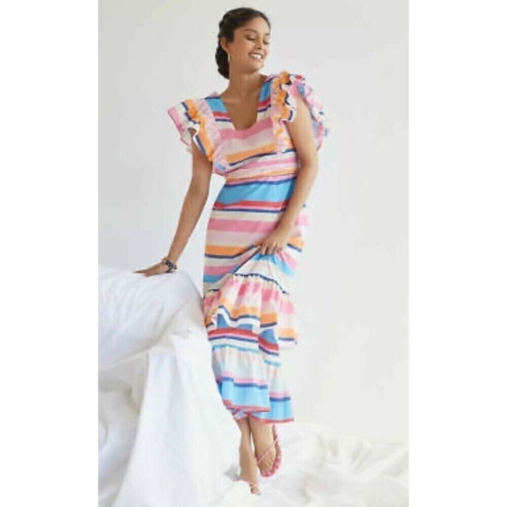 anthropologie plenty tracy reese ruffled rainbow stripes maxi dress XS